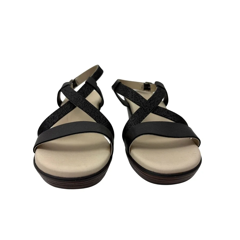 SAS Delight Wedge Heel Sandals Size 9.5 Black Web Leather Multi Strap Casual